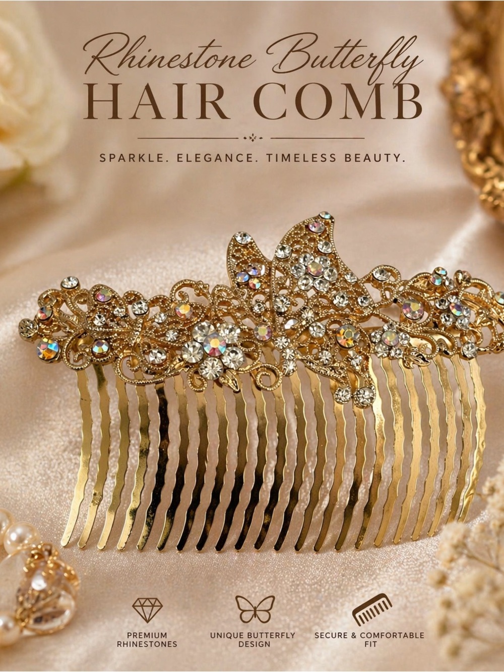 Gold Rhinestone Butterfly Floral Hair Comb Bridal Wedding Prom Formal Accessory - Picture 4 of 9